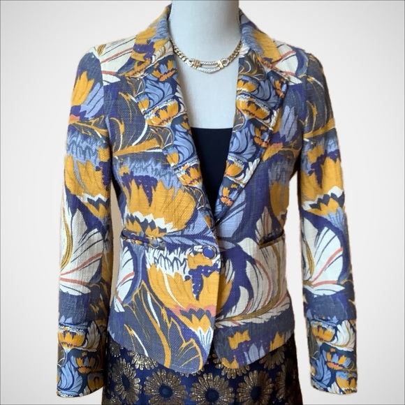 TORY BURCH Blue Floral Textured Jacket Size 4 - Picture 1 of 14